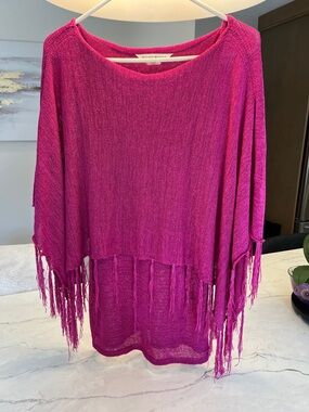 Open-Knit Fringed Poncho Sweater in Vibrant Fuchsia